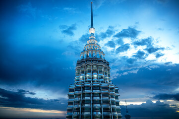 View of the top of one of the Petronas Towers taken just after sunset