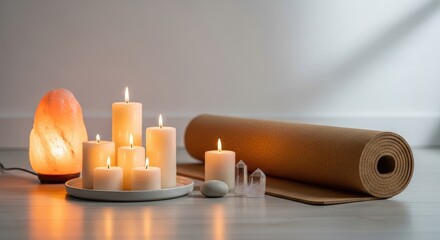 Still life with candles, salt lamp, crystals, and a rolled yoga mat