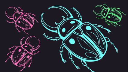 Neon beetles in vibrant colors against a dark background