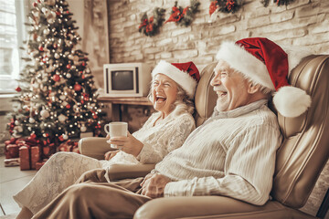 Senior couple in Santa hats relaxing on sofa beside Christmas tree. Elderly husband and wife celebrating holiday season at home with festive decorations and cozy winter atmosphere.