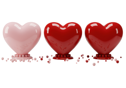 Three glossy, reflective, sculpted hearts in pink and crimson, arranged linearly with pearlescent beads on a pristine surface against a transparent background, luxury product display