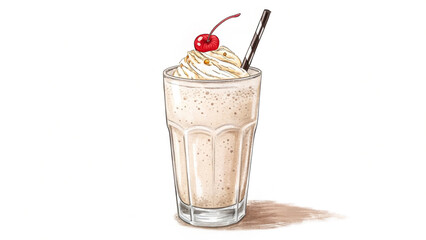 Delicious vanilla milkshake with cherry and whipped cream dessert drink art