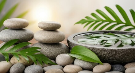 Still life featuring stacked stones water bowl and green plant leaves