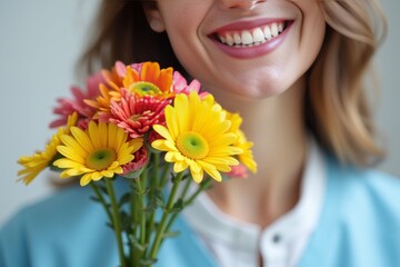 Naklejka premium Dentist Holding Colorful Flowers With Woman's Joyful Smile in Background