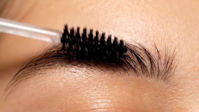 Close-up of a cosmetic brow brush styling and shaping a perfectly groomed eyebrow