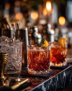 Elegant whiskey cocktails garnished with lemon and herbs on a stylish bar counter in ambient lighting