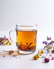 minimalist herbal tea with dried flowers on clean white surface