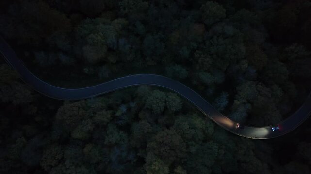 Curvy Forest Road at Night with Car Lights &ndash; Aerial View