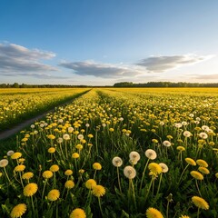 Fototapeta premium Dandelion Meadow at Sunset - A Serene Landscape of Wildflowers.