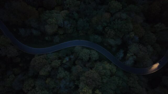 Curvy Forest Road at Night with Car Lights &ndash; Aerial View