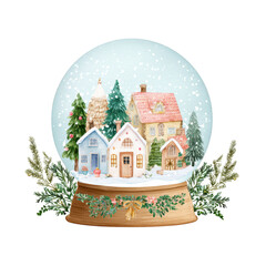 Winter snow globe featuring charming colorful houses surrounded by evergreen trees and delicate snowflakes on a blue background