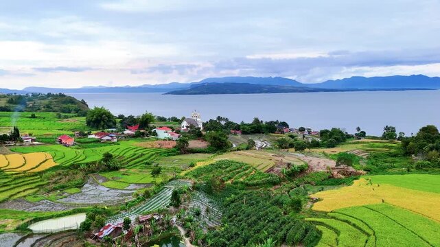 Cinematic aerial view of rice field and village around Lake Toba
