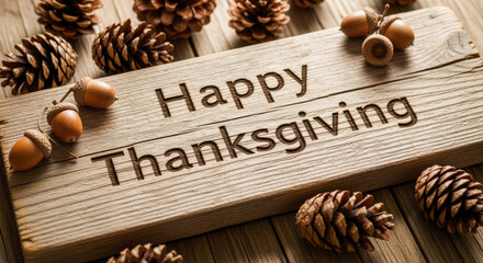 Warm rustic wooden sign with 'Happy Thanksgiving' carved invites festive autumn celebrations surrounded by natural pinecones and acorns, perfect for seasonal greetings.