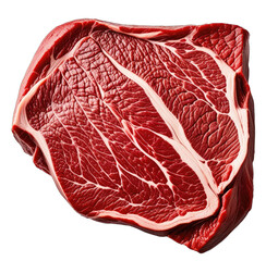 Large cut of raw red meat with visible fat marbling, isolated