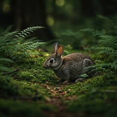 Fototapeta premium Adorable wild rabbit foraging amongst deep green moss and ferns on the shaded forest floor, bathed in soft afternoon light ,foliage ,sunlight ,outdoors