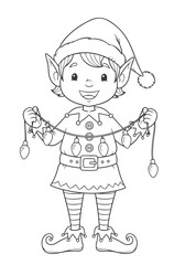 Festive Elf Coloring Page A charming Christmas elf holding a string of lights