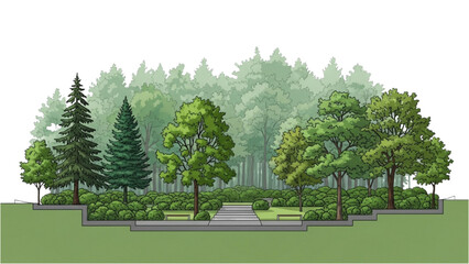 Elevation view of a landscaped park design with a walking path and forest background