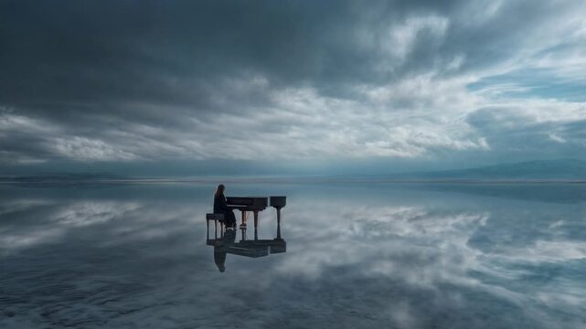 Surreal solitude: a lone pianist plays on a mirror-like salt flat beneath enormous clouds, the horizon vanishing into still water&mdash;art, isolation, and fragile beauty in wide open space
