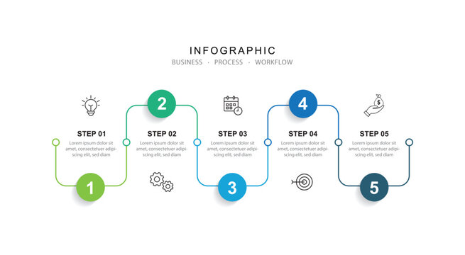 Business Process  Timeline Infographic With 5 Steps. can be used for workflow, business information, presentation and data visualization.