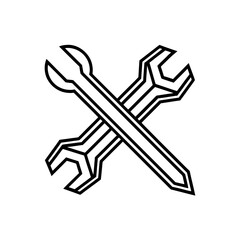Two crossed outline wrenches on transparent background