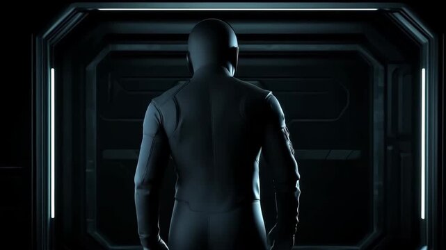 Futuristic Suit With Orange LED Lines In Dark Interior. High Tech Cyber Uniform Concept