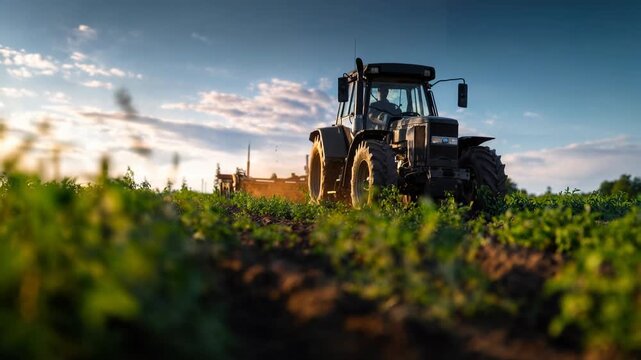Low-angle view of a tractor churning rich soil, clods flying as wheels grip&mdash;enduring craft, sustainable methods, and pride in rural work meet in one gritty cinematic shot