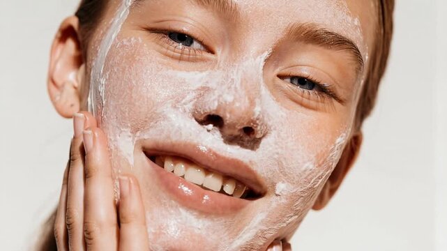 Fresh-faced and smiling: a young woman massages cleanser foam across her cheeks in bright daylight, expressing gentle skincare, clarity, and naturally radiant beauty