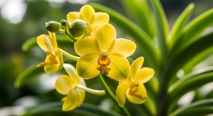 Vibrant Yellow Orchids Bloom amid Lush Greenery Botanical Garden Beauty