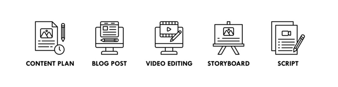 Content Creation banner web icon illustration concept with icon of content plan, blog post, video editing, storyboard, and script