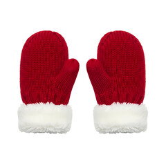 Cozy red winter mittens with soft white fur trim, holiday warmth