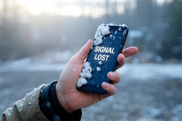 hand hold phone with no signal in snow fall. Winter technology hazard