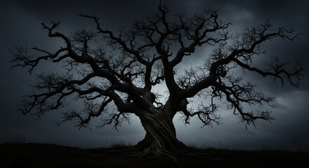 An ancient, twisted tree with menacing, gnarled branches reaching towards a gloomy sky. Its dark silhouette creates an unsettling and mysterious, haunting scene ,nightmare ,bare ,wood