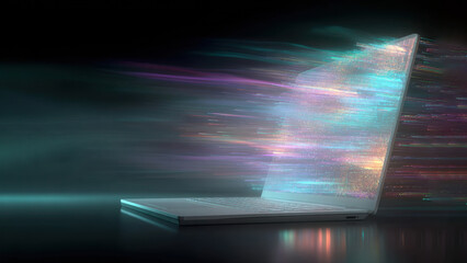 Modern laptop on a dark background with glowing screen, colorful data streams, light trails, and dynamic particles symbolizing technology and innovation.
