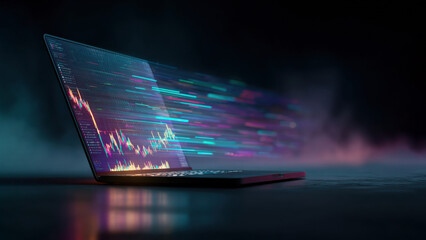 Modern laptop on a dark background with glowing screen, colorful data streams, light trails, and dynamic particles symbolizing technology and innovation.