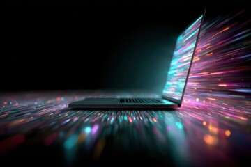 Modern laptop on a dark background with glowing screen, colorful data streams, light trails, and dynamic particles symbolizing technology and innovation.