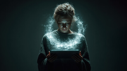 30s woman holding a tablet surrounded by holographic big data visualizations, glowing charts, and abstract digital elements representing analytics and technology.