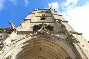 Auxonne, église Notre-Dame, tour en contreplongée, gargouilles
