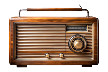An old vintage retro radio with speaker and dial is isolated on white for a classic music and sound broadcast style object