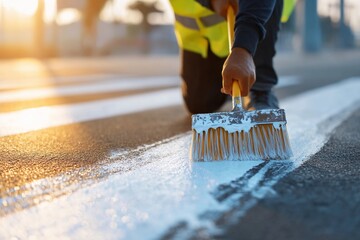 Worker repainting faded pedestrian crosswalk during sunset in urban area Generative AI