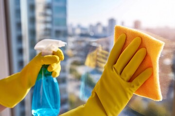 Worker cleaning windows with spray and cloth while standing at a high-rise building Generative AI
