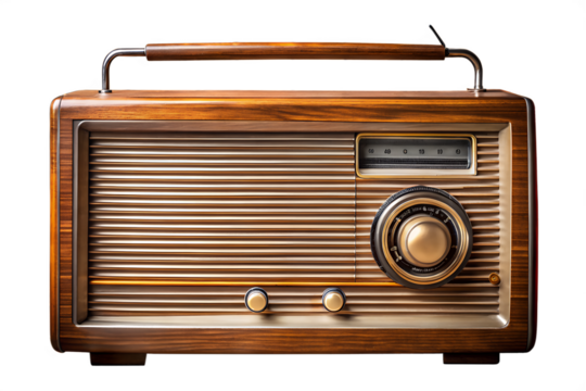 An old vintage retro radio with speaker and dial is isolated on white for a classic music and sound broadcast style object