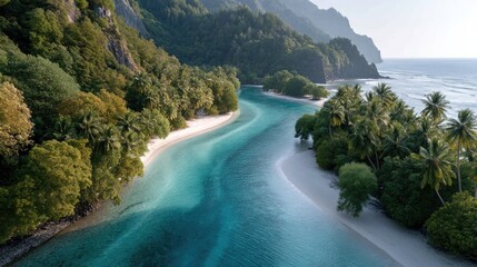 Lush Tropical Island With Dense Palm Trees And Crystal Clear Turquoise Water Meandering Through Lush Greenery Under Bright Sunlight