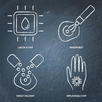 Cell research and studies chalkboard icon set. Target delivery, lab on a chip, implantable chip, nanorobot symbols. Vector illustration.