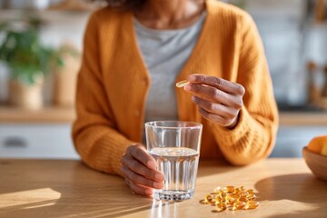 Daily vitamin routine with a glass of water on the kitchen table Generative AI