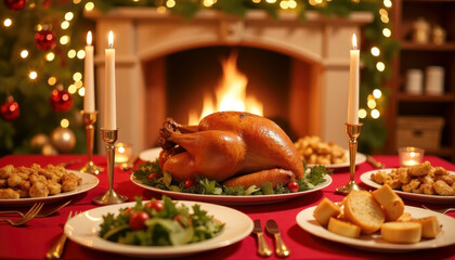 Christmas feast with roast turkey, candlelit ambiance, and holiday decor for celebration and dining imagery