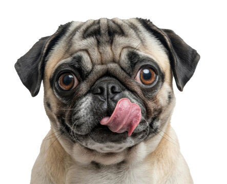 cute pug licking its nose on transparent background.