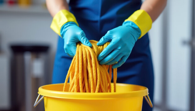 House maintenance: person in gloves wringing mop into yellow bucket, emphasizing cleaning tasks essentials
