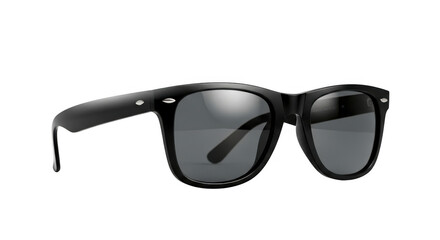 Black wayfarer sunglasses isolated on transparent background casting a soft shadow