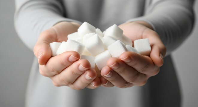 A Caucasian woman holding a heap of white sugar cubes in her hands. Banner of a conceptual image of unhealthy diet, diabetes risk, and moderation for health care.