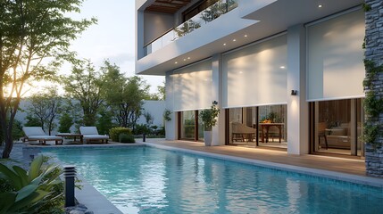 Relaxing Poolside Retreat with Modern Home and Exterior Window Shades